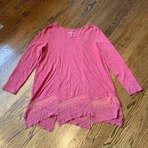 Soft Surroundings Knit Tunic‎ Sz L Melon Lace Trim Lagenlook Boho EUC